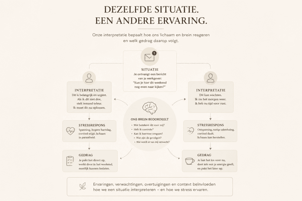 Infographic die laat zien hoe dezelfde situatie door interpretatie tot verschillende stressreacties kan leiden