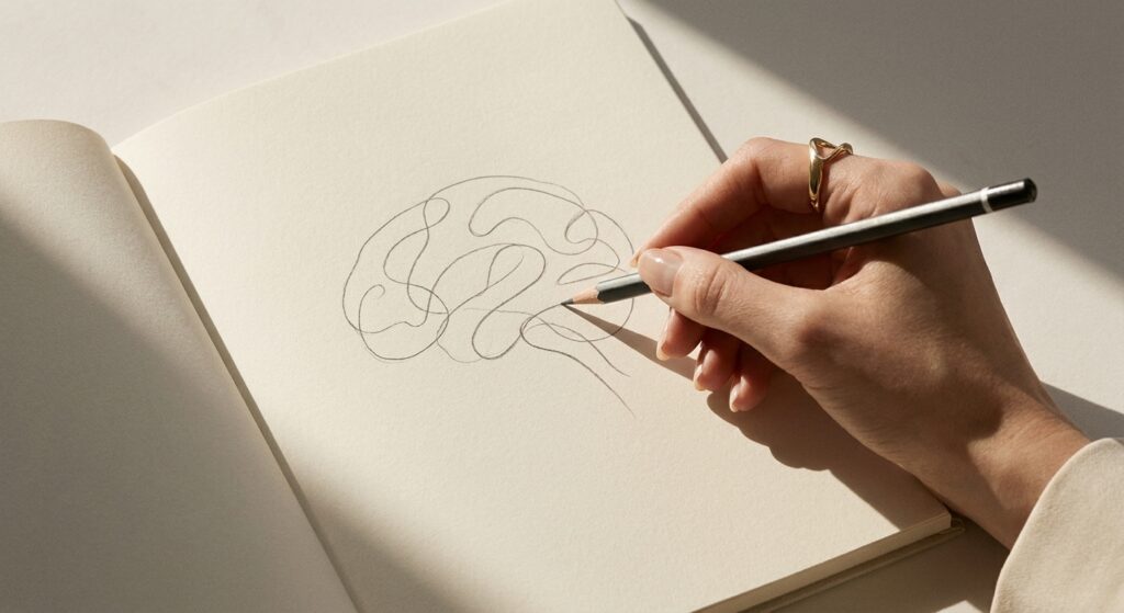 Close-up van hand die een creatieve hersenschets maakt voor blog over microdosing en creativiteit